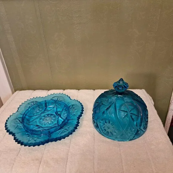 Kemple Yutec Blue Star Pressed Glass Butter Dish Vintage Lidded Server - Picture 5 of 5